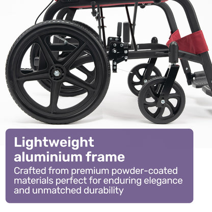 Equipmed folding transit wheelchair by Hlpmedical, lightweight aluminium frame, crimson red, designed for easy transport and mobility.