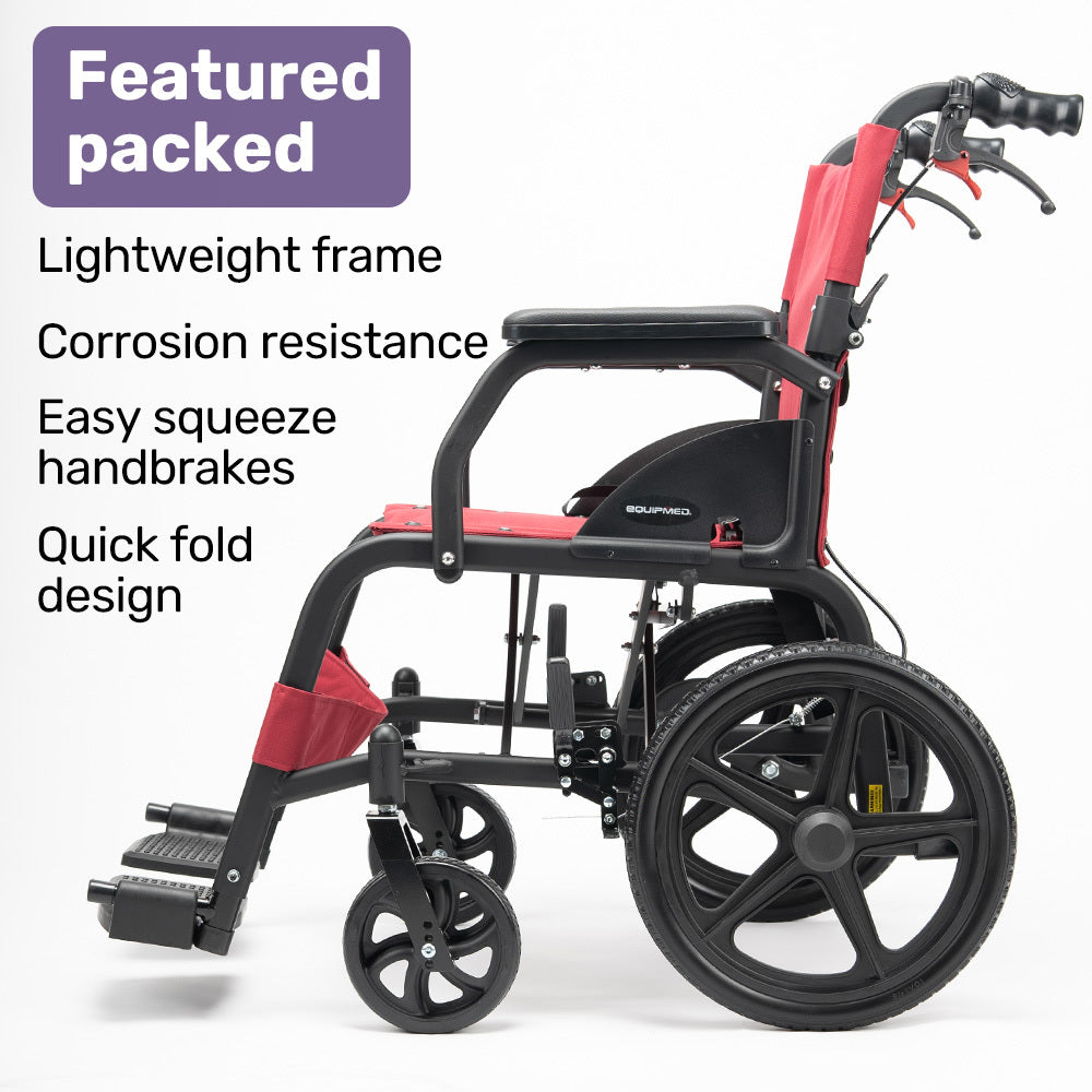 Equipmed folding transit wheelchair by Hlpmedical, lightweight aluminum design in crimson red for easy transport and mobility.