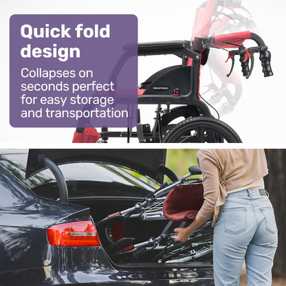 Equipmed folding transit wheelchair by Hlpmedical, lightweight aluminium mobility aid in crimson red for easy transport and accessibility.