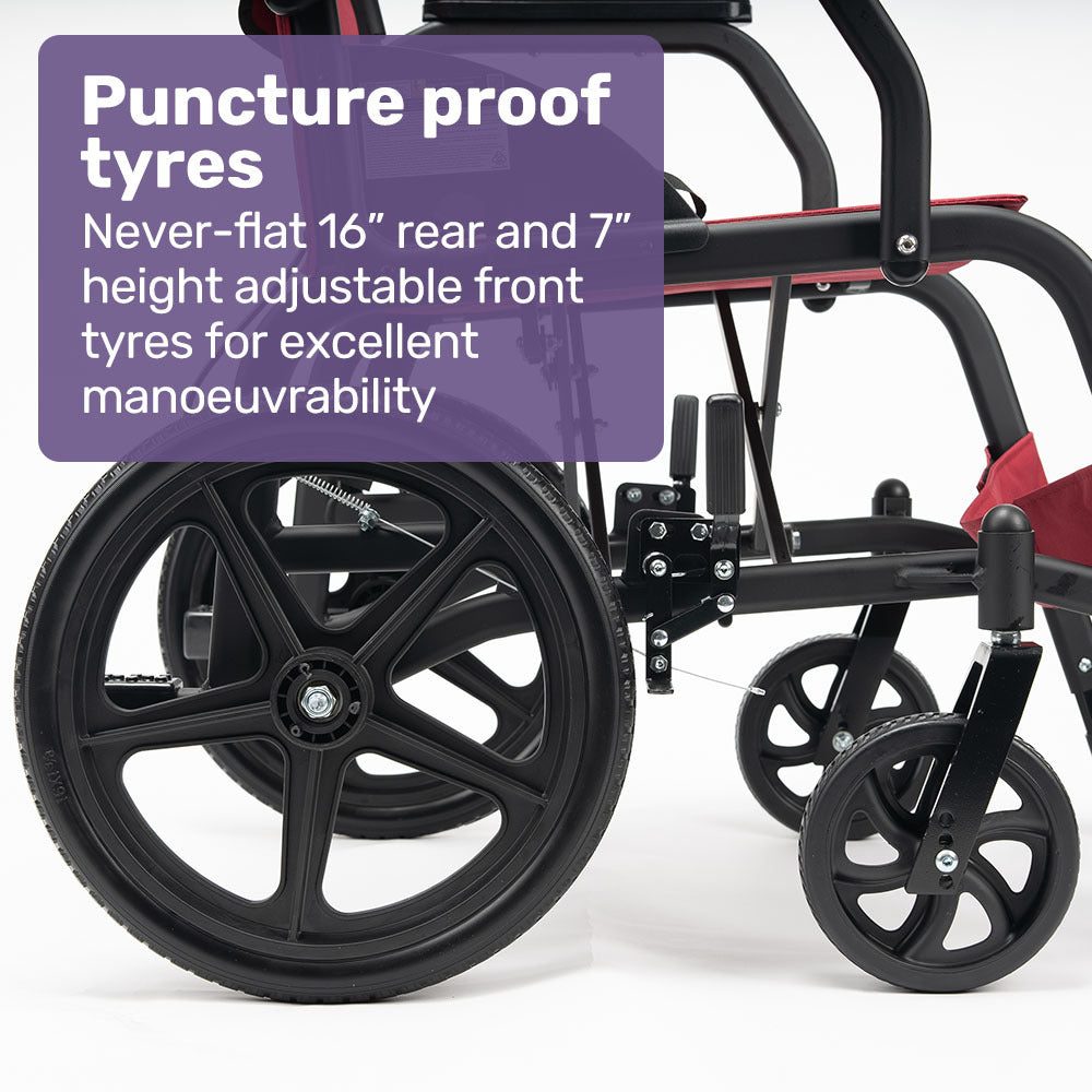 Equipmed folding transit wheelchair by Hlpmedical, lightweight aluminium frame in crimson red ideal for easy mobility and transport.