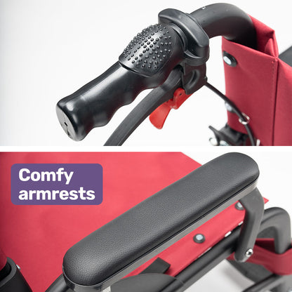 Equipmed folding transit wheelchair by Hlpmedical, lightweight aluminum frame in crimson red for easy transport and mobility assistance.