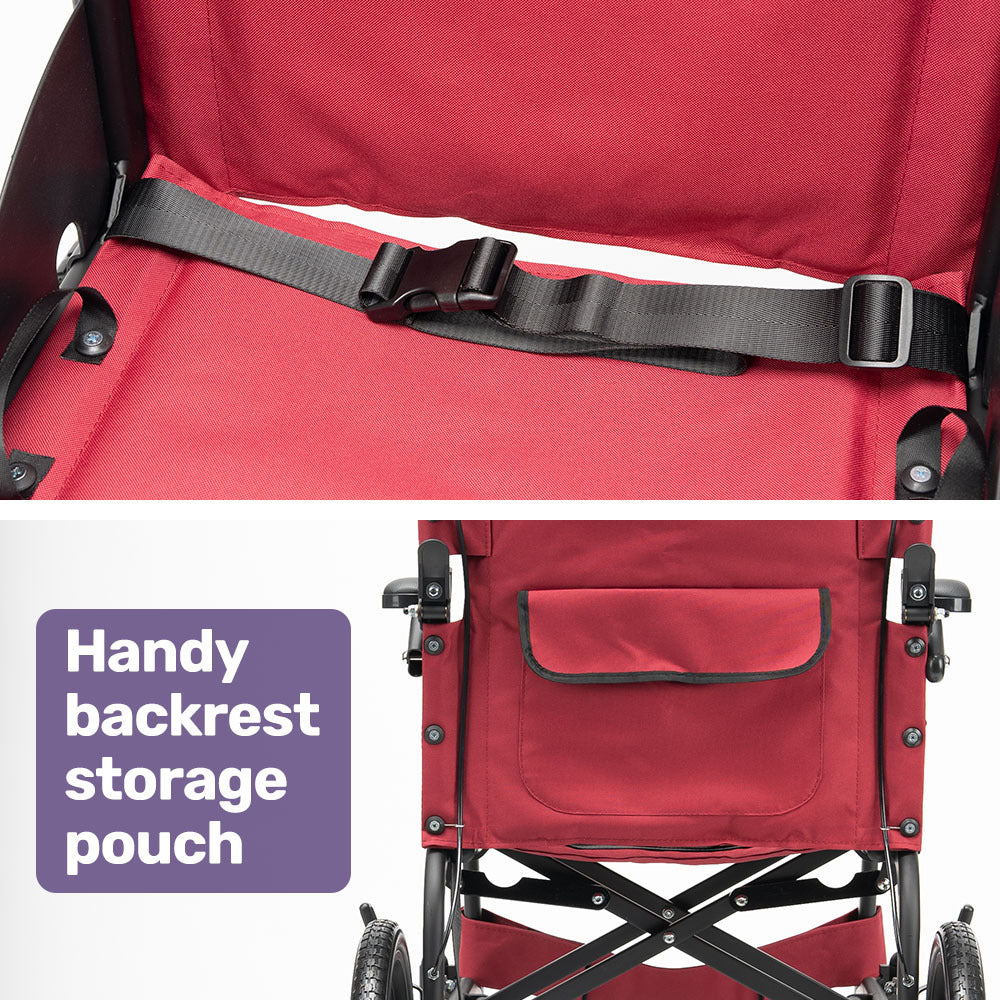 Equipmed lightweight aluminium folding transit wheelchair in crimson red, designed for easy transport and mobility assistance.