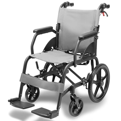 Equipmed folding transit wheelchair by Hlpmedical, lightweight aluminium grey wheelchair for easy transport and mobility.