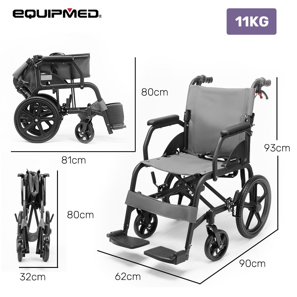 Equipmed folding transit wheelchair by Hlpmedical with lightweight aluminium frame, grey color, designed for easy transport and mobility.