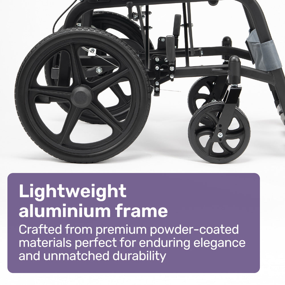 Equipmed folding transit wheelchair by Hlpmedical, lightweight aluminium wheelchair in grey designed for easy transport and mobility.