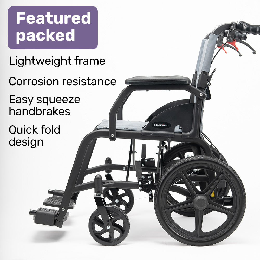 Equipmed folding transit wheelchair by Hlpmedical, lightweight aluminum frame in grey designed for easy transport and mobility.
