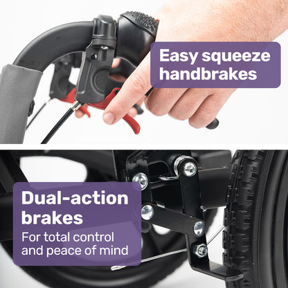 Equipmed lightweight aluminium folding transit wheelchair in grey, designed for easy transport and mobility assistance.