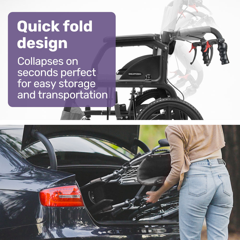 Equipmed folding transit wheelchair by Hlpmedical, lightweight aluminium frame with grey seat for easy transport and mobility.
