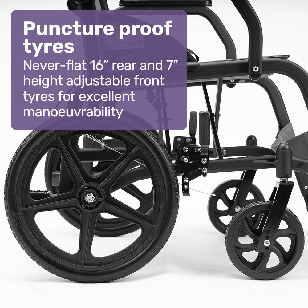Equipmed folding transit wheelchair by Hlpmedical, lightweight aluminium frame, grey color, designed for easy transport and mobility.
