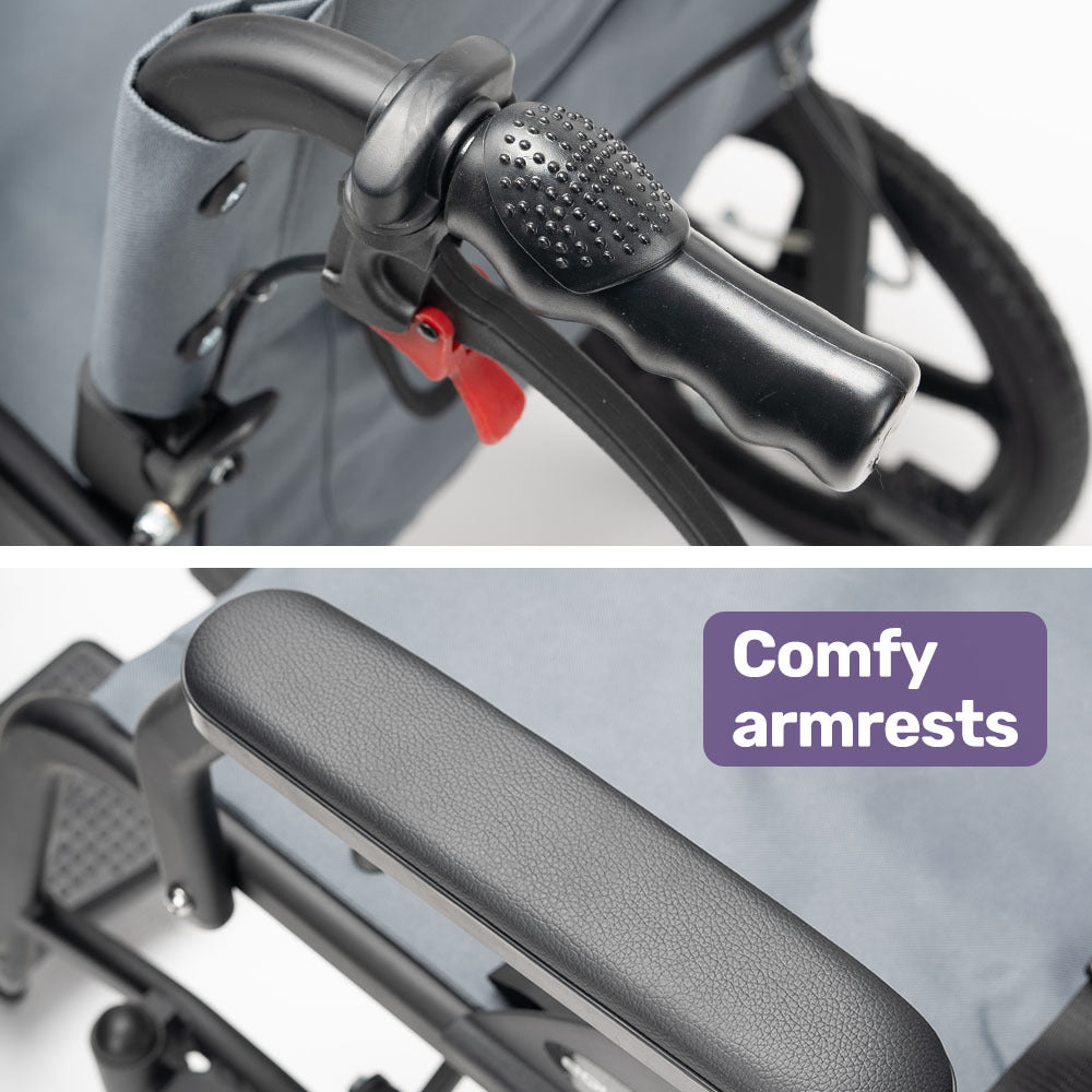 Equipmed folding transit wheelchair by Hlpmedical, lightweight aluminium grey mobility aid for easy transport and accessibility.
