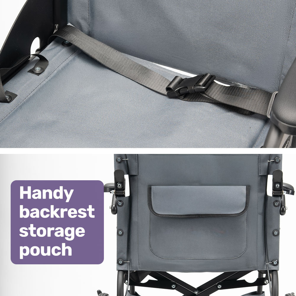 Equipmed folding transit wheelchair by Hlpmedical, lightweight aluminium frame in grey, designed for easy transport and mobility.