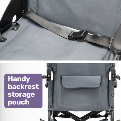 Equipmed folding transit wheelchair by Hlpmedical, lightweight aluminium frame in grey, designed for easy transport and mobility.
