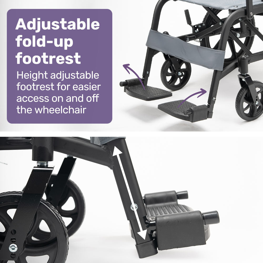 Equipmed folding transit wheelchair by Hlpmedical, lightweight aluminium grey wheelchair for easy transport and mobility.