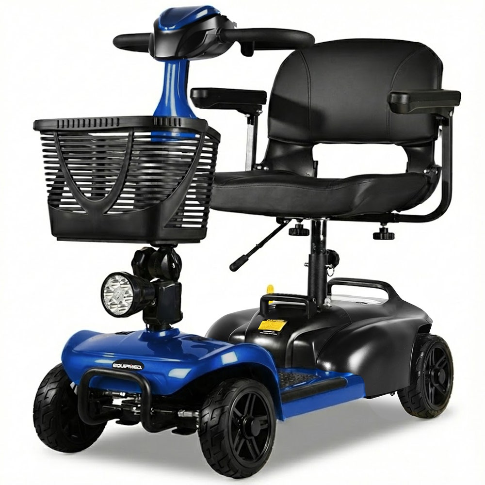 Hlpmedical EQUIPMED FreeLite+ mid-sized electric foldable mobility scooter with blue body, lithium battery, long range, and easy charging