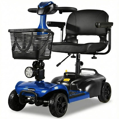 Hlpmedical EQUIPMED FreeLite+ mid-sized electric foldable mobility scooter with blue body, lithium battery, long range, and easy charging