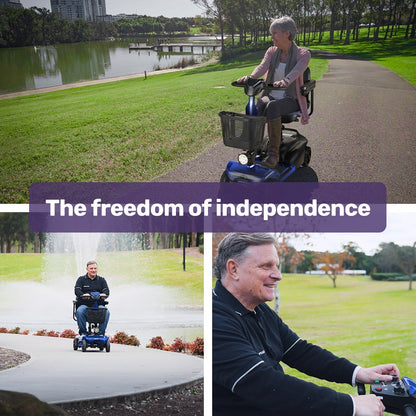 Hlpmedical EQUIPMED FreeLite+ mid-sized electric foldable mobility scooter with blue color, lithium battery, long range, and easy charging.