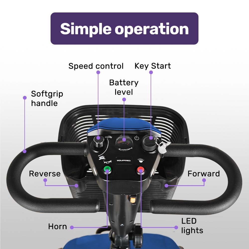 Hlpmedical EQUIPMED FreeLite+ mid-sized electric foldable mobility scooter with blue frame, lithium battery, long range, and easy charging.