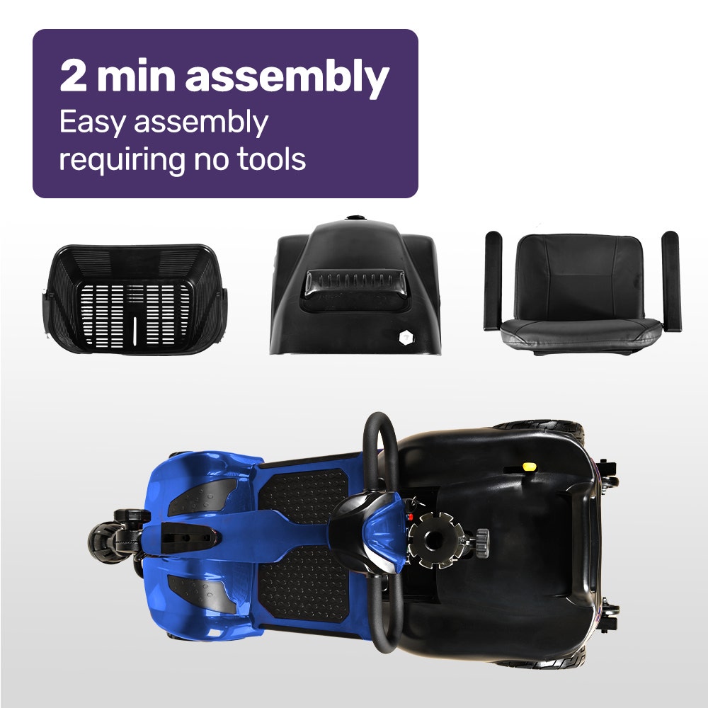 Hlpmedical EQUIPMED FreeLite+ mid-sized electric foldable mobility scooter with blue finish, lithium battery, long range, and easy charging.