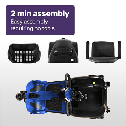 Hlpmedical EQUIPMED FreeLite+ mid-sized electric foldable mobility scooter with blue finish, lithium battery, long range, and easy charging.