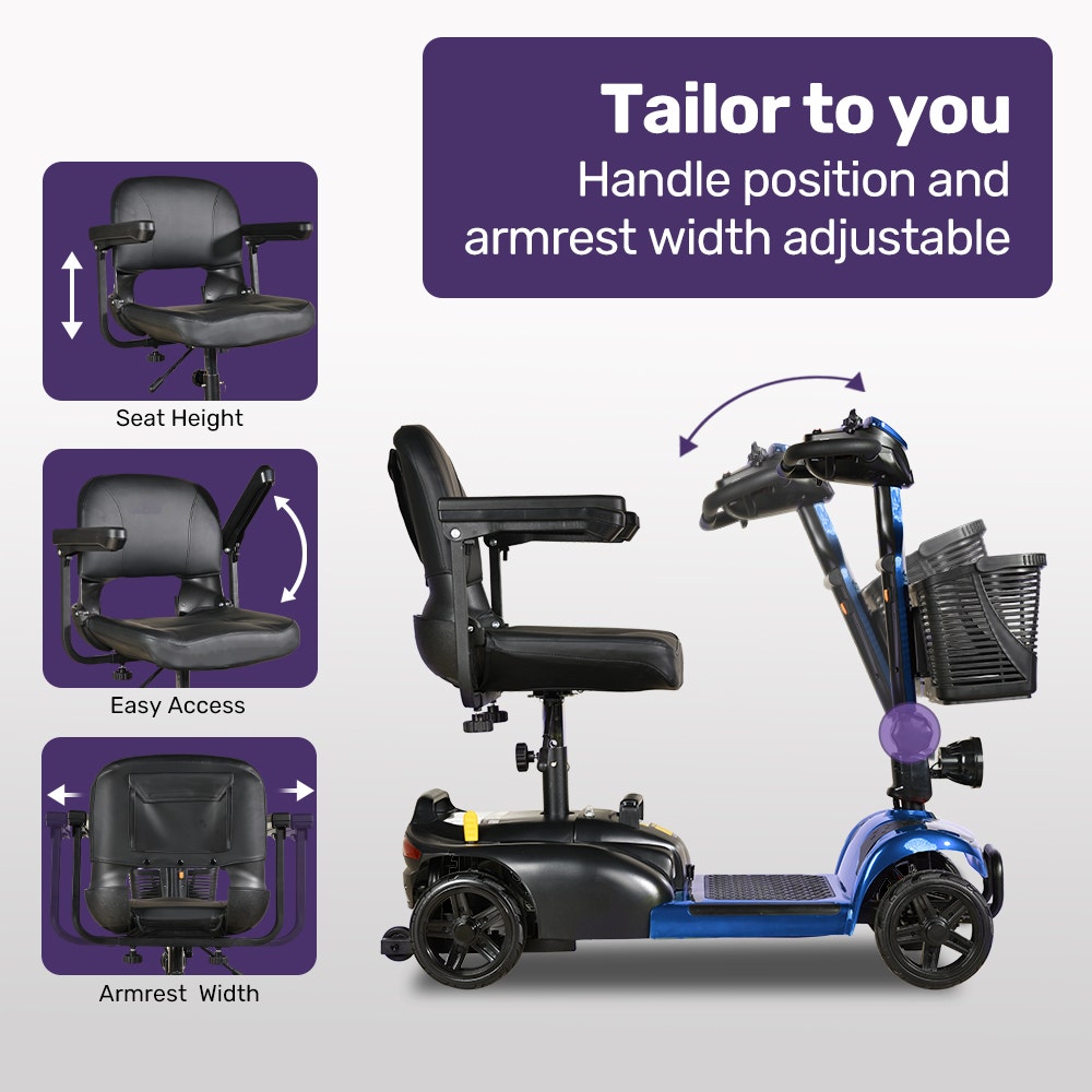 Hlpmedical EQUIPMED FreeLite+ mid-sized electric foldable mobility scooter in blue with lithium battery and long-range capability.