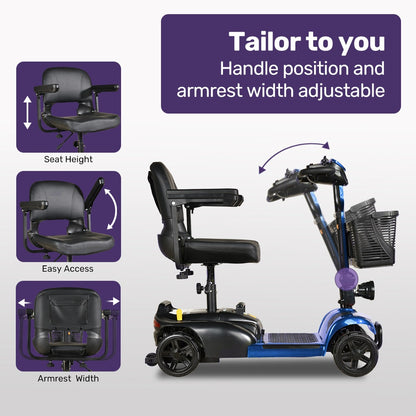 Hlpmedical EQUIPMED FreeLite+ mid-sized electric foldable mobility scooter in blue with lithium battery and long-range capability.