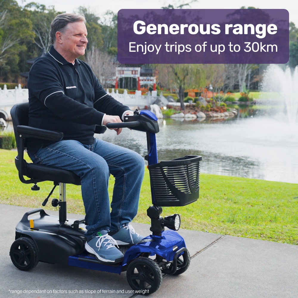 Hlpmedical EQUIPMED FreeLite+ mid-sized electric foldable mobility scooter with blue finish and lithium battery for long-range travel