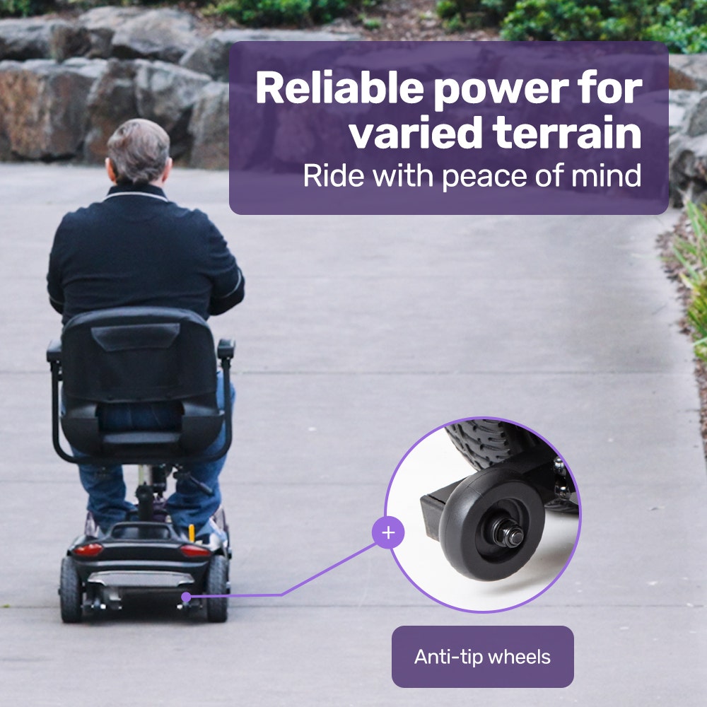 Hlpmedical EQUIPMED FreeLite+ mid-sized electric foldable mobility scooter with blue frame, lithium battery, long-range, and easy charging.
