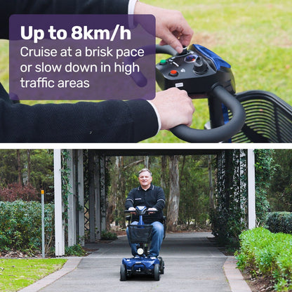 Blue EQUIPMED FreeLite+ mid-sized electric foldable mobility scooter with lithium battery, long range, and easy charging.