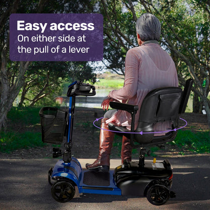 Hlpmedical EQUIPMED FreeLite+ mid-sized electric foldable mobility scooter with blue finish, lithium battery, long range, and easy charging.
