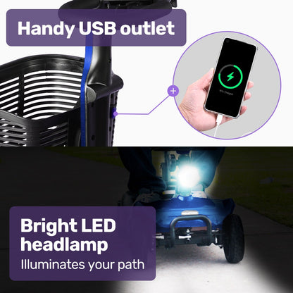 Hlpmedical EQUIPMED FreeLite+ mid-sized electric foldable mobility scooter in blue with lithium battery and long-range capability.