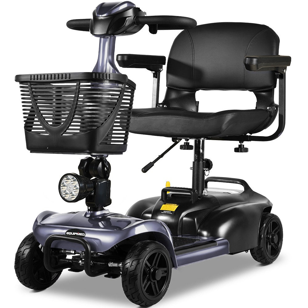 Hlpmedical EQUIPMED FreeLite+ mid-sized foldable electric mobility scooter with grey frame, lithium battery, long range, and easy charging.