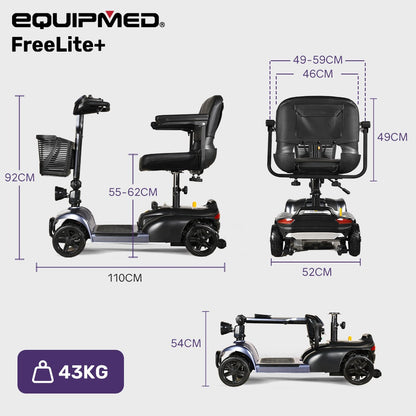 Hlpmedical EQUIPMED FreeLite+ mid-sized foldable electric mobility scooter with grey frame, lithium battery, long range, and easy charging.