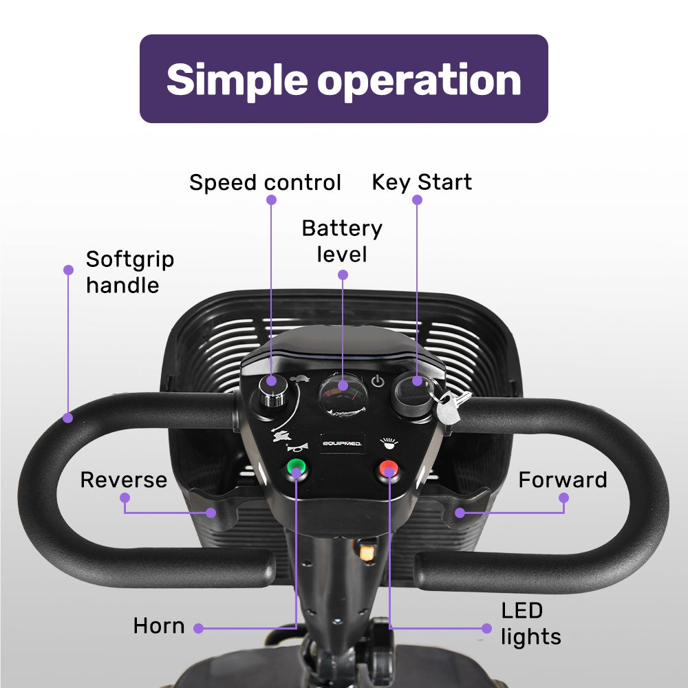 Hlpmedical EQUIPMED FreeLite+ mid-sized foldable electric mobility scooter with grey frame, lithium battery, long range, and easy charging.