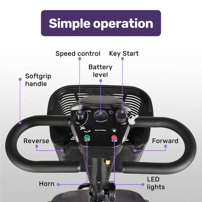 Hlpmedical EQUIPMED FreeLite+ mid-sized foldable electric mobility scooter with grey frame, lithium battery, long range, and easy charging.