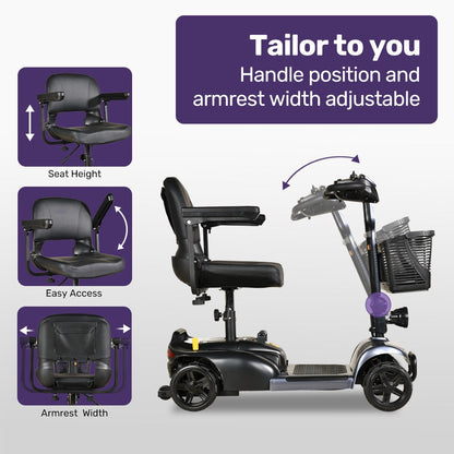 Hlpmedical EQUIPMED FreeLite+ mid-sized foldable electric mobility scooter with lithium battery in grey, showing its compact design and controls.