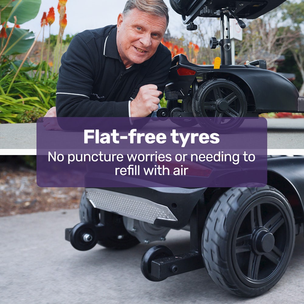 Hlpmedical EQUIPMED FreeLite+ mid-sized foldable electric mobility scooter with grey frame, lithium battery, long-range design.