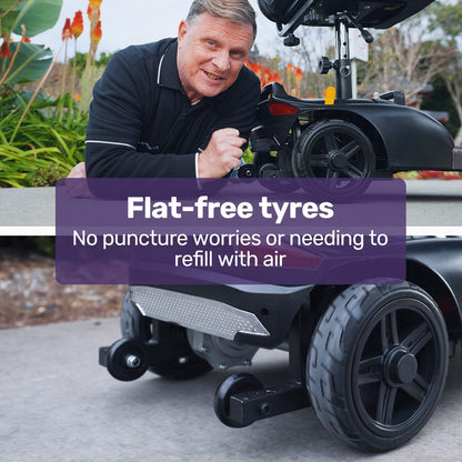 Hlpmedical EQUIPMED FreeLite+ mid-sized foldable electric mobility scooter with grey frame, lithium battery, long-range design.