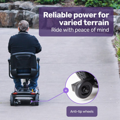 Hlpmedical EQUIPMED FreeLite+ mid-sized foldable electric mobility scooter with grey frame, lithium battery, long range, and easy charging.