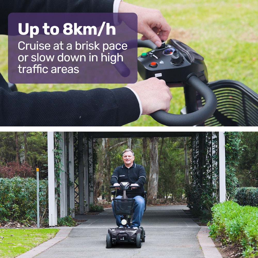 Hlpmedical EQUIPMED FreeLite+ mid-sized foldable electric mobility scooter with grey frame, lithium battery, long range, and easy charging.