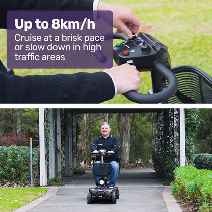 Hlpmedical EQUIPMED FreeLite+ mid-sized foldable electric mobility scooter with grey frame, lithium battery, long range, and easy charging.