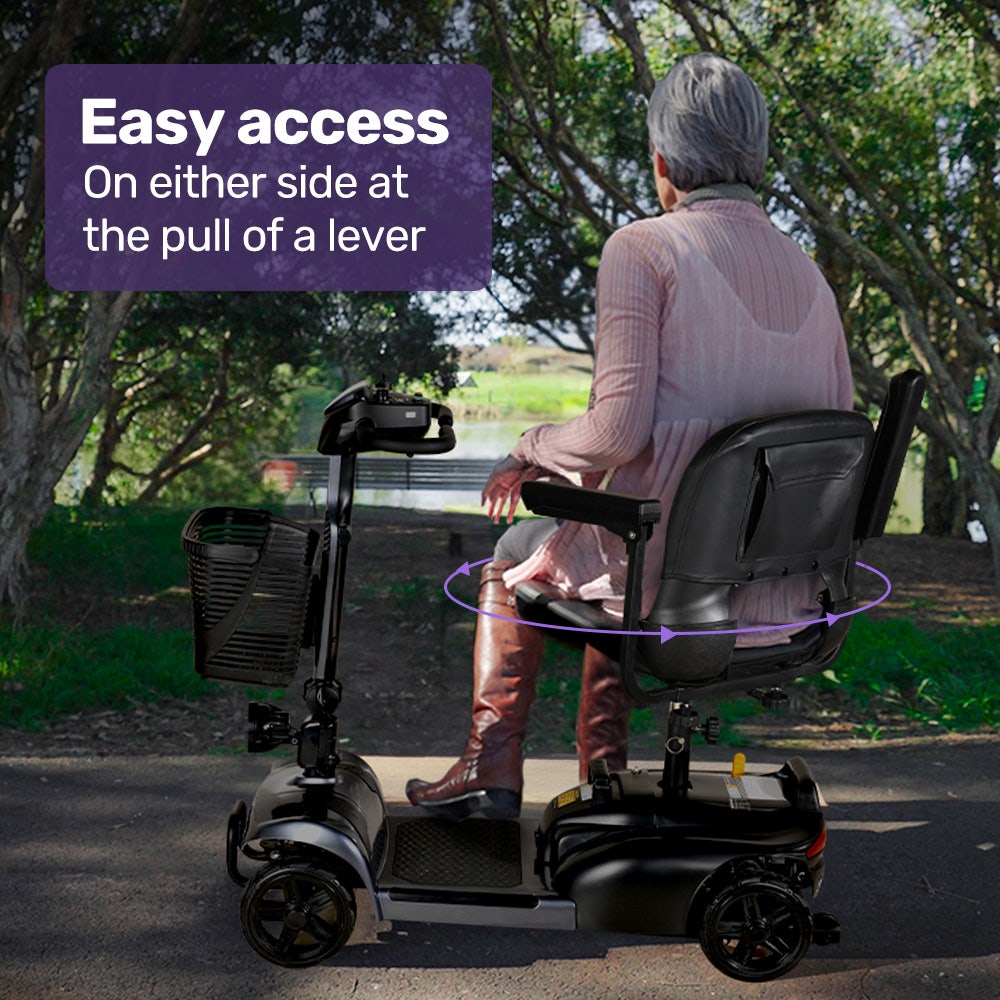 Hlpmedical EQUIPMED FreeLite+ foldable electric mobility scooter in grey with lithium battery, long range, compact design for easy transport.