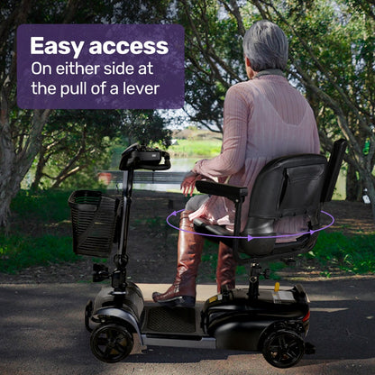 Hlpmedical EQUIPMED FreeLite+ foldable electric mobility scooter in grey with lithium battery, long range, compact design for easy transport.