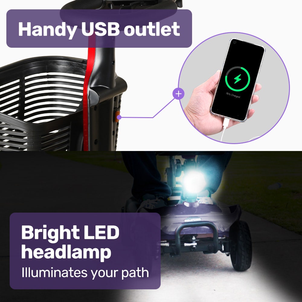 Hlpmedical EQUIPMED FreeLite+ foldable electric mobility scooter in grey with lithium battery and long-range capabilities.
