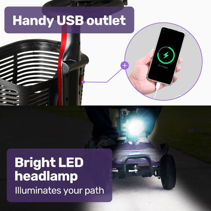 Hlpmedical EQUIPMED FreeLite+ foldable electric mobility scooter in grey with lithium battery and long-range capabilities.