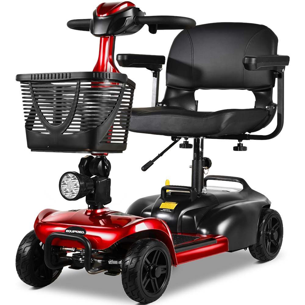 Hlpmedical EQUIPMED FreeLite+ mid-sized foldable electric mobility scooter with red frame, lithium battery, long range, and easy charging.