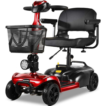 Hlpmedical EQUIPMED FreeLite+ mid-sized foldable electric mobility scooter with red frame, lithium battery, long range, and easy charging.