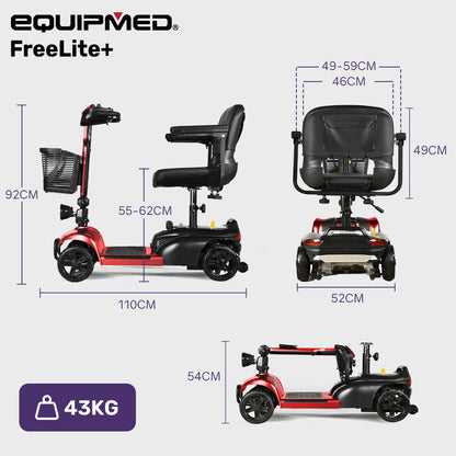 Red EQUIPMED FreeLite+ mid-sized foldable electric mobility scooter with lithium battery, showcasing its compact design and sleek finish.