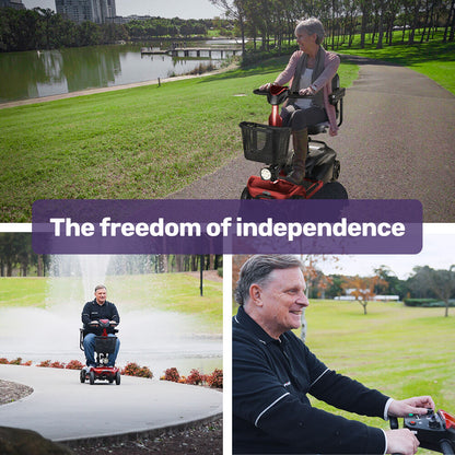 Hlpmedical EQUIPMED FreeLite+ mid-sized foldable electric mobility scooter with lithium battery, red color, long range, and easy charging.