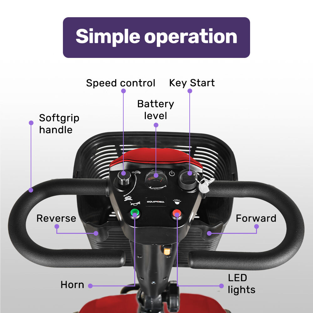 Hlpmedical EQUIPMED FreeLite+ mid-sized foldable electric mobility scooter with red frame, lithium battery, long range, and easy charging.