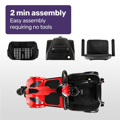 Hlpmedical EQUIPMED FreeLite+ mid-sized foldable electric mobility scooter with lithium battery in red, showing its compact design and controls.